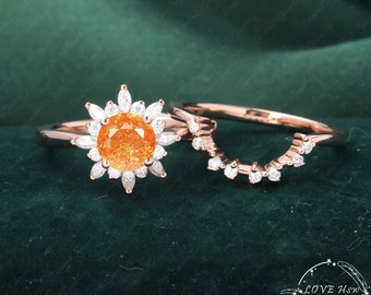 Sunstone Engagement Ring Sets Round Cut Vintage Halo Rose Gold Wedding Ring Moissanite / Diamond Engagement Ring  Anniversary  Bridal Ring