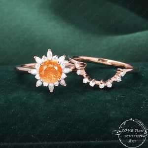 Sunstone Engagement Ring Sets Round Cut Vintage Halo Rose Gold Wedding Ring Moissanite / Diamond Engagement Ring  Anniversary  Bridal Ring