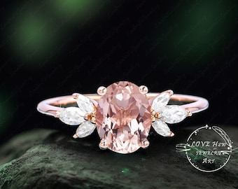 Pink Morganite Engagement Ring Oval Cut Unique Engagement Ring Rose gold ring Vintage Diamond / Moissanite wedding bridal ring Anniversary