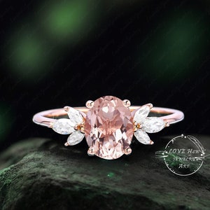 Pink Morganite Engagement Ring Oval Cut Unique Engagement Ring Rose gold ring Vintage Diamond / Moissanite wedding bridal ring Anniversary