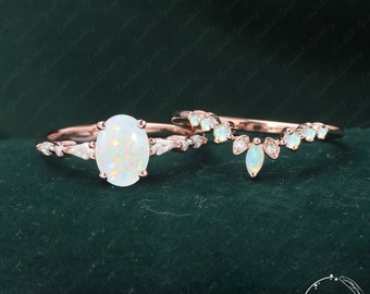 Vintage Natural Opal Wedding Ring Sets Oval Cut Engagement Ring  Unique Rose Gold Cluster Marquise Cut Opal Ring Promise Ring Anniversary