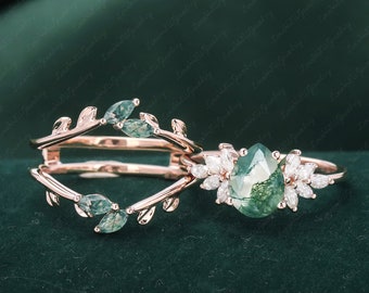 Moss agate engagement ring set vintage rose gold Unique pear shape engagement ring diamond wedding ring Bridal anniversary ring gift women