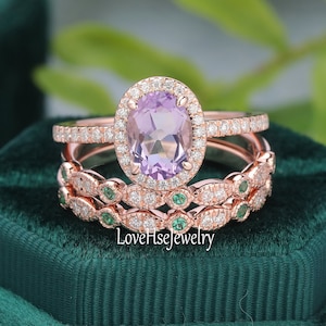 Lavender Amethyst engagement ring set vintage rose gold Unique Oval shape engagement ring halo diamond milgrain wedding set band bridal ring