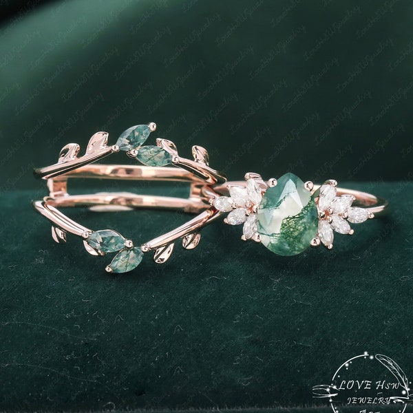 Moss agate engagement ring set vintage rose gold Unique pear shape engagement ring diamond wedding ring Bridal anniversary ring gift women