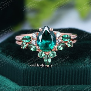 Pear Shaped lab emerald engagement ring set rose gold unique marquise emerald wedding band unique bridal ring set jewelry anniversary ring