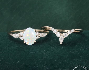 Opal engagement ring set unique vintage oval cut solid gold engagement ring  Cluster diamond wedding Bridal Promise ring anniversary gifts