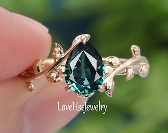 Pear shaped teal sapphire engagement ring yellow gold vintage engagement ring unique wedding Bridal promise ring Nature Inspired Leaf Ring