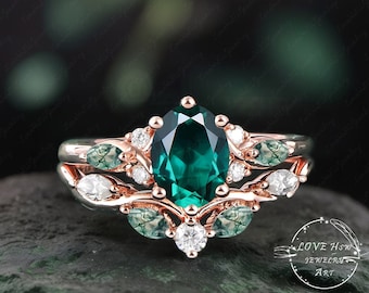 Vintage Oval Emerald engagement ring set Bridal Sets women Rose Gold Unique Green Gemstone Promise ring Cluster ring anniversary ring women