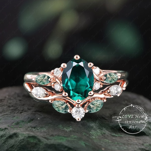 Vintage Oval Emerald engagement ring set Bridal Sets women Rose Gold Unique Green Gemstone Promise ring Cluster ring anniversary ring women