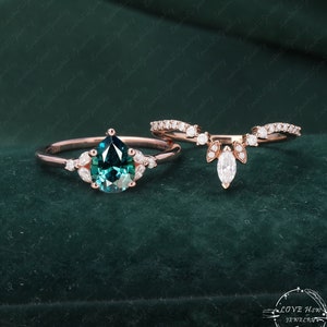 Teal Sapphire engagement ring set vintage Pear 14k rose gold engagement ring Blue Green Sapphire unique Marquise diamond wedding Bridal ring