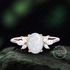 Oval Natural Opal engagement ring rose gold Unique vintage  engagement ring women Marquise cut Cluster diamond Bridal Anniversary gift