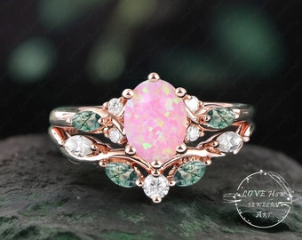 Vintage Oval Rosa Opal Verlobungsring Set Brautschmuck Set Rosegold Einzigartiger Edelstein Versprechen Ring Cluster Ring Jubiläum Art-Deco-Ring Frauen