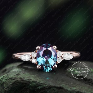 Alexandrite engagement ring Rose gold ring unique oval cut Cluster engagement ring vintage Marquise diamond wedding Bridal ring jewelry