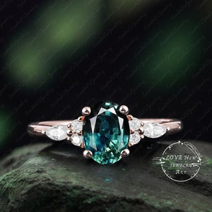 Teal sapphire oval engagement ring  white gold ring blue green sapphire unique Cluster ring engagement ring vintage wedding Bridal ring