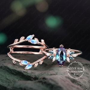 Vintage Alexandrite engagement ring sets Rose Gold Unique Marquise Cut Cluster ring Gemstone June Birthstone wedding Bridal anniversary ring