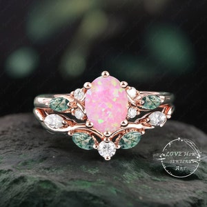 Vintage Oval Pink opal engagement ring sets Bridal sets Rose Gold Unique Gemstone Promise ring Cluster ring anniversary art deco ring women