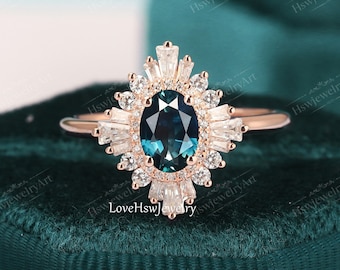 Vintage teal sapphire engagement ring rose gold halo Oval diamond moissanite rings Art deco ring wedding woman Unique Anniversary Ring