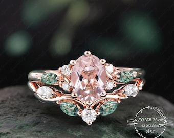 Vintage Oval Morganite engagement ring set Bridal Sets women Rose Gold Unique Gemstone Promise ring Cluster ring anniversary ring women