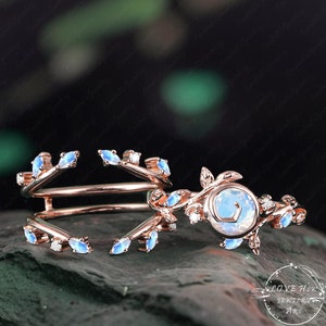 Anillo de compromiso de piedra lunar vintage, conjunto de novia inspirado en la naturaleza para mujer, anillo de promesa de piedra lunar de oro rosa con piedras preciosas únicas, anillo de aniversario