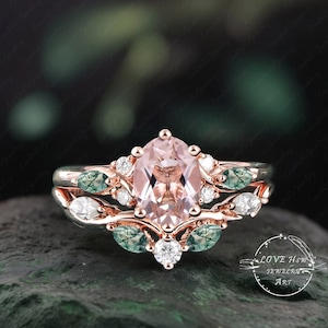 Vintage Oval Morganite engagement ring set Bridal Sets women Rose Gold Unique Gemstone Promise ring Cluster ring anniversary ring women