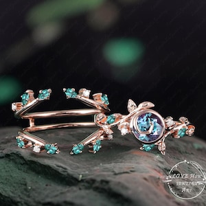Vintage Alexandrite engagement ring set Nature Inspired Bridal Ring women Rose Gold Moon Leaf Unique Gemstone Promise ring anniversary ring