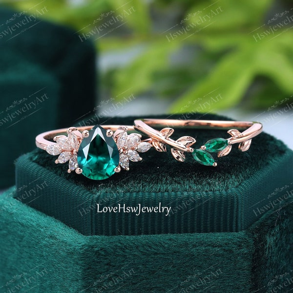 Emerald engagement ring set vintage rose gold Unique pear shape engagement ring diamond wedding ring Bridal anniversary ring gift women