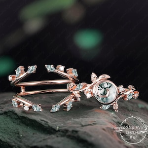 Vintage Moss Agate engagement ring set Nature Inspired Bridal Ring women Rose Gold  Leaf Unique Gemstone Promise ring anniversary ring