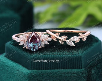 Vintage Alexandrite engagement ring set women 14k rose gold Unique Pear shaped engagement ring diamond wedding ring Bridal anniversary ring