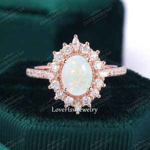Vintage Opal Engagement Ring  Rose Gold Ring Cut Oval Halo Engagement Ring Unique Moissanite  Diamond Wedding Ring Anniversary Ring