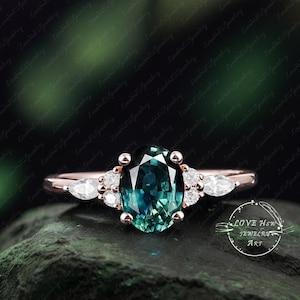 Teal sapphire oval engagement ring  rose gold ring blue green sapphire unique Cluster ring engagement ring vintage wedding Bridal ring