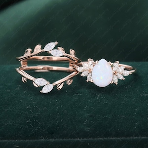 Unique Natural Opal Engagement Ring set Rose gold Pear Cut Wedding Ring Vintage Marquise cut Diamond Cluster ring double curved diamond ring