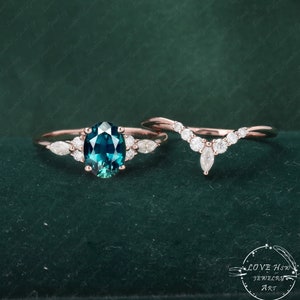 Teal sapphire engagement ring set unique rose gold engagement ring vintage blue green sapphire Cluster diamond wedding Bridal Promise ring