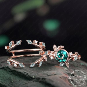 Vintage Emerald engagement ring set Nature Inspired Bridal Ring women Rose Gold Moon Leaf Unique Gemstone Promise ring anniversary ring