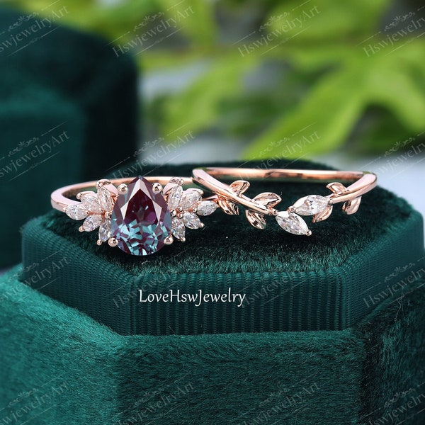 Vintage Alexandrite engagement ring set women 14k rose gold Unique Pear shaped engagement ring diamond wedding ring Bridal anniversary ring