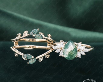 Pear Moss agate engagement ring set Rose gold Engagement Ring Vintage Unique Marquise  Moissanite Cluster ring double curved diamond Wedding