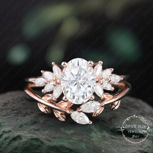 Oval  Cut Moissanite engagement ring set Vintage Unique Marquise cut Diamond Cluster ring Rose gold leaf wedding Bridal Anniversary Ring