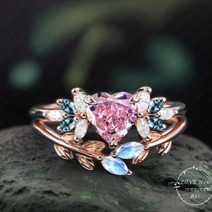 Vintage Pink Sapphire engagement ring sets Promise Ring 14K Rose Gold Unique Heart shaped Statement Ring Cluster ring Art Deco Ring  women