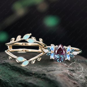 Vintage Alexandrite engagement ring set women rose gold Unique Pear shaped Cluster ring moonstone opal wedding ring Bridal anniversary ring