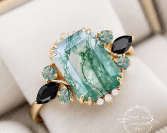 Natural 4ct Moss Agate Engagement Ring Unique Statement Ring
