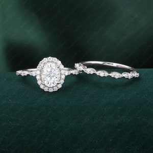 Vintage Moissanite Engagement Ring Sets White Gold Ring Oval Engagement Ring Halo Diamond Half eternity Wedding Ring Bridal Anniversary Ring