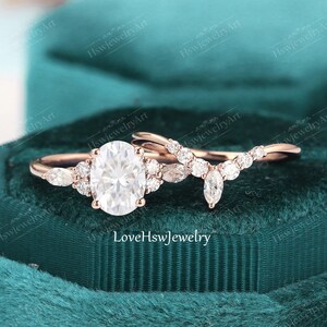 Oval Moissanite engagement ring set vintage rose gold engagement ring women unique Marquise Cluster ring diamond wedding Bridal Promise ring