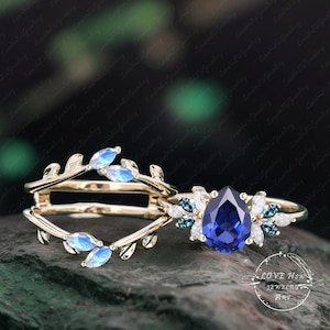 Vintage Blue Sapphire engagement ring Rose Gold Unique Pear shaped Cluster ring sep birthstone moonstone Bridal anniversary ring women gifts