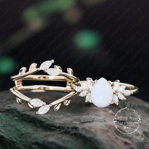 Unique Natural Opal Engagement Ring set Rose gold Pear Cut Wedding Ring Vintage Marquise cut Diamond Cluster ring double curved diamond ring