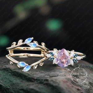 Anillo de compromiso vintage de amatista y lavanda, oro rosa, anillo único en forma de pera, piedra lunar, piedra de nacimiento de febrero, anillo de aniversario nupcial para mujer