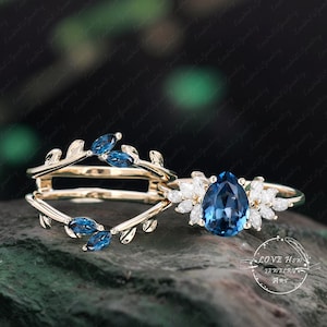 London blue topaz engagement ring set rose gold Unique vintage pear shape engagement ring diamond wedding ring Bridal anniversary ring gift