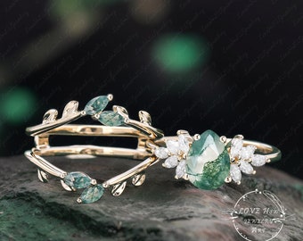 Pear Moss agate engagement ring set Rose gold Engagement Ring Vintage Unique Marquise  Moissanite Cluster ring double curved diamond Wedding