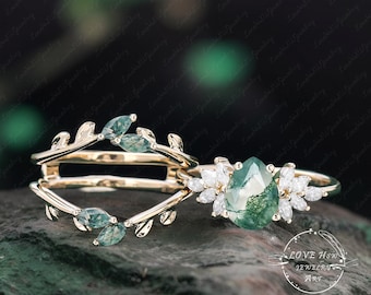 Anello di fidanzamento in agata muschiata vintage in oro rosa Anello di fidanzamento unico a forma di pera con diamanti Anello di nozze regalo per anniversario di matrimonio da donna