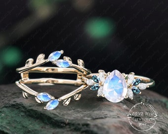 Vintage Moonstone engagement ring sets women Rose Gold Unique Pear shaped Cluster ring moonstone wedding ring Bridal anniversary ring Gifts