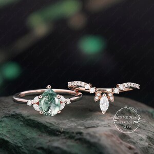 Moss agate engagement ring set pear shape unique gold engagement ring vintage Cluster diamond wedding Bridal Promise ring gift