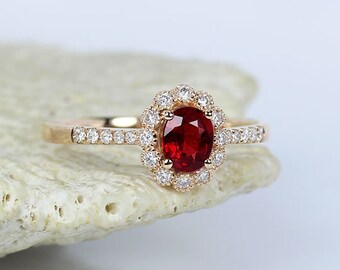 Anillo de compromiso con halo de rubí, corte ovalado, rubí natural, boda, oro amarillo de 14 quilates, diamante, anillo de compromiso único, anillo de novia para mujer.